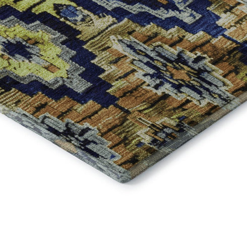 5' X 8' Navy Blue Gold And Beige Ikat Washable Area Rug With UV Protection