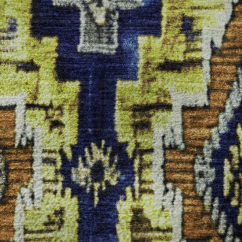 5' X 8' Navy Blue Gold And Beige Ikat Washable Area Rug With UV Protection