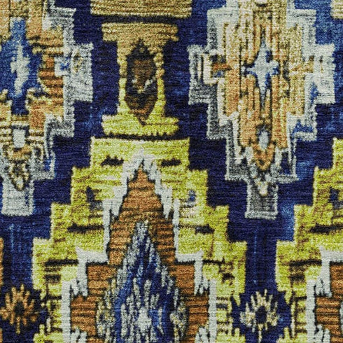 5' X 8' Navy Blue Gold And Beige Ikat Washable Area Rug With UV Protection