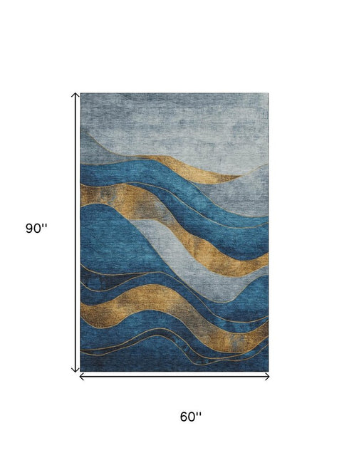 5' X 8' Blue And Gold Abstract Washable Area Rug With UV Protection