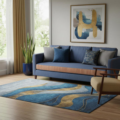 5' X 8' Blue And Gold Abstract Washable Area Rug With UV Protection