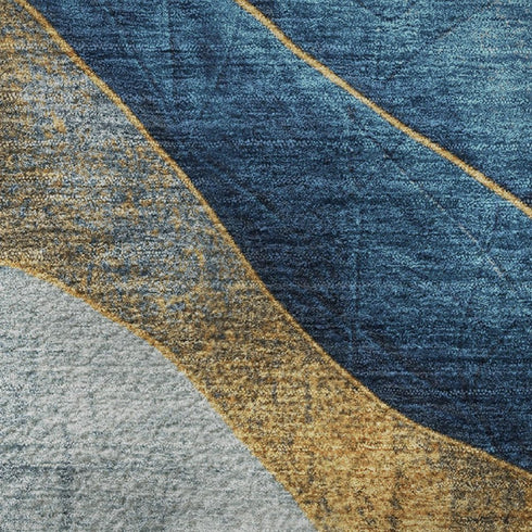 5' X 8' Blue And Gold Abstract Washable Area Rug With UV Protection