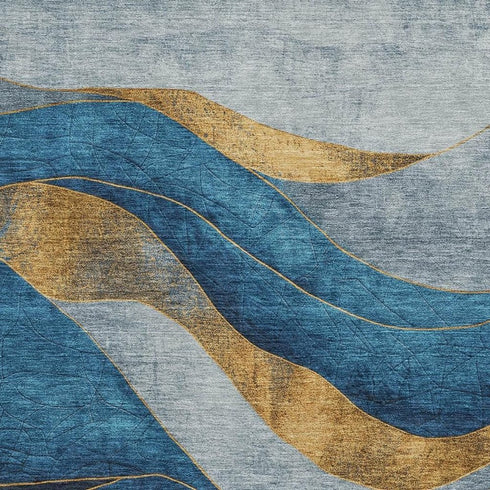 5' X 8' Blue And Gold Abstract Washable Area Rug With UV Protection
