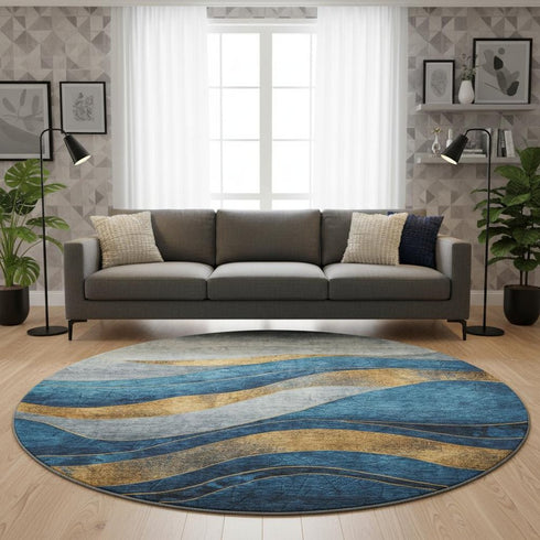 8' Blue And Gold Abstract Washable Round Rug With UV Protection