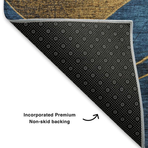 8' Blue And Gold Abstract Washable Round Rug With UV Protection