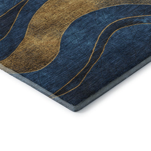 8' Blue And Gold Abstract Washable Round Rug With UV Protection