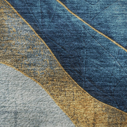 8' Blue And Gold Abstract Washable Round Rug With UV Protection