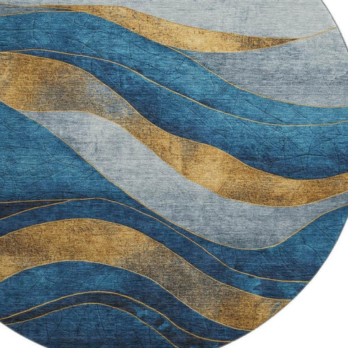 8' Blue And Gold Abstract Washable Round Rug With UV Protection