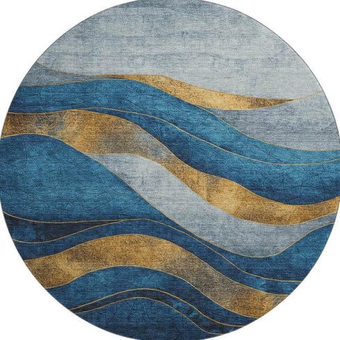 8' Blue And Gold Abstract Washable Round Rug With UV Protection