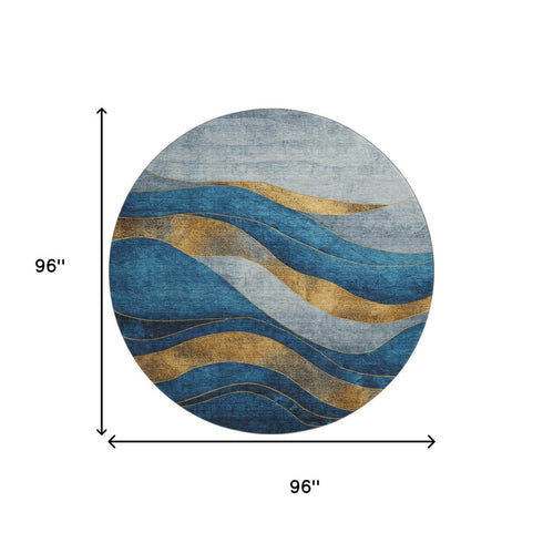 8' Blue And Gold Abstract Washable Round Rug With UV Protection