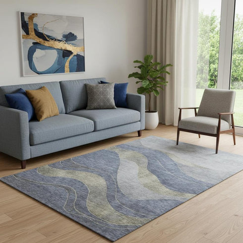 5' X 8' Denim Blue And Gray Abstract Washable Area Rug With UV Protection