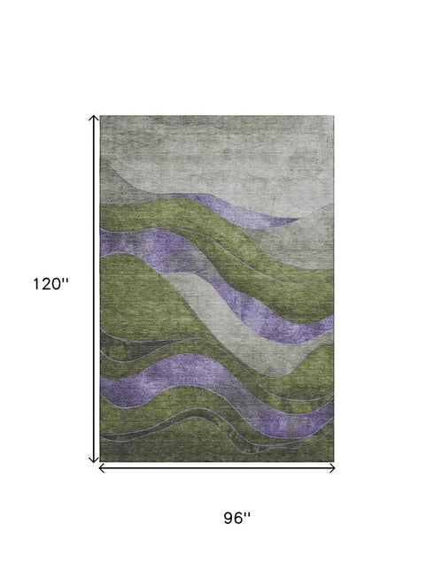 8' X 10' Olive Green And Purple Abstract Washable Area Rug With UV Protection