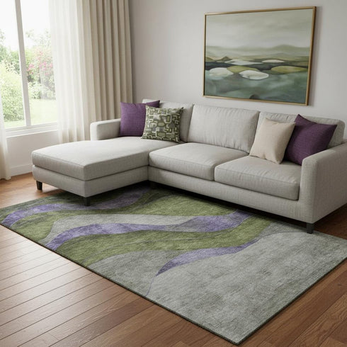 8' X 10' Olive Green And Purple Abstract Washable Area Rug With UV Protection