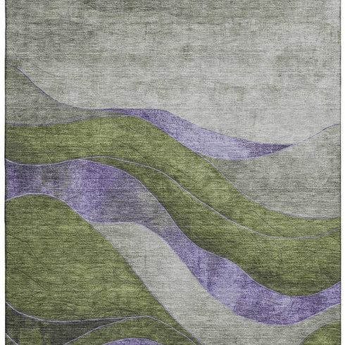 8' X 10' Olive Green And Purple Abstract Washable Area Rug With UV Protection