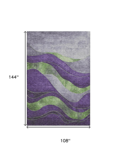 9' X 12' Purple And Green Abstract Washable Area Rug With UV Protection