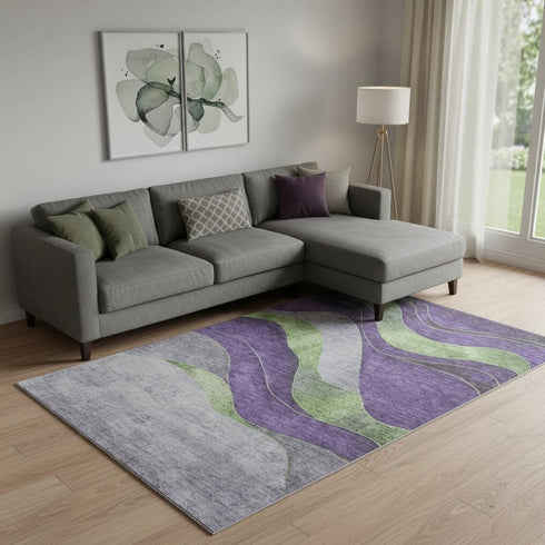9' X 12' Purple And Green Abstract Washable Area Rug With UV Protection
