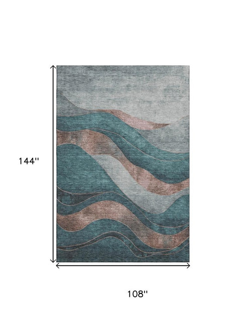 9' X 12' Teal And Taupe Abstract Washable Area Rug With UV Protection