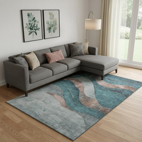 9' X 12' Teal And Taupe Abstract Washable Area Rug With UV Protection