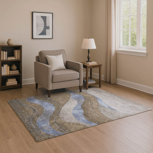 8' X 10' Taupe And Blue Abstract Washable Area Rug With UV Protection