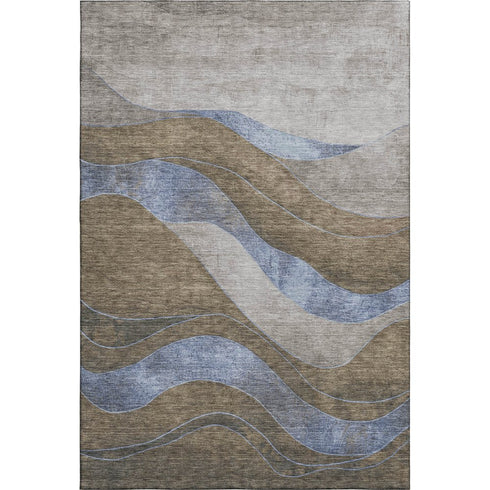 8' X 10' Taupe And Blue Abstract Washable Area Rug With UV Protection