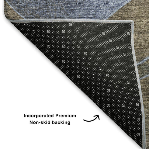 8' X 10' Taupe And Blue Abstract Washable Area Rug With UV Protection