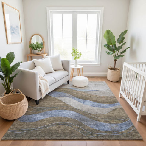8' X 10' Taupe And Blue Abstract Washable Area Rug With UV Protection