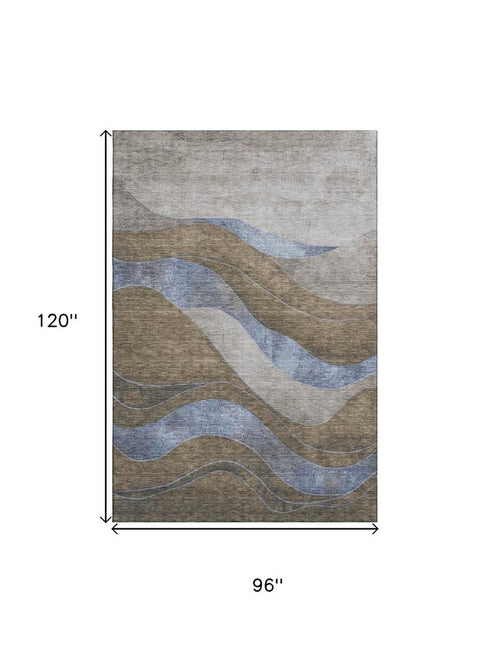 8' X 10' Taupe And Blue Abstract Washable Area Rug With UV Protection