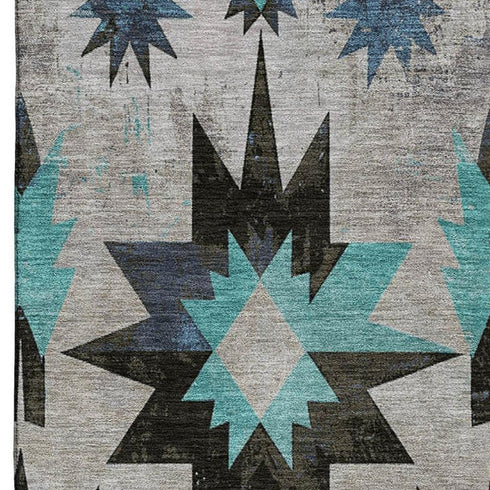 5' X 8' Black Gray And Blue Diamond Washable Area Rug With UV Protection