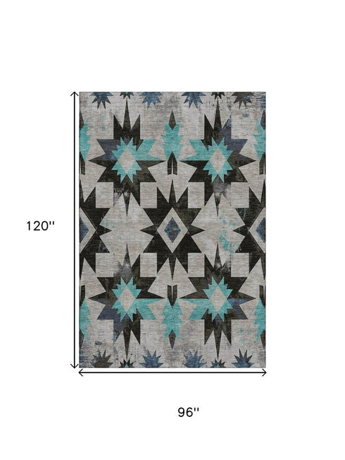 8' X 10' Black Gray And Blue Diamond Washable Area Rug With UV Protection