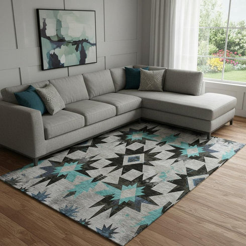8' X 10' Black Gray And Blue Diamond Washable Area Rug With UV Protection