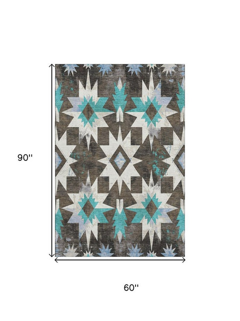 5' X 8' Brown Blue And Ivory Diamond Washable Area Rug With UV Protection