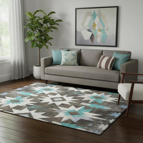 5' X 8' Brown Blue And Ivory Diamond Washable Area Rug With UV Protection