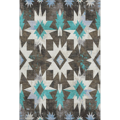 5' X 8' Brown Blue And Ivory Diamond Washable Area Rug With UV Protection