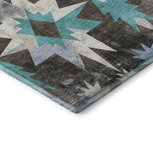 5' X 8' Brown Blue And Ivory Diamond Washable Area Rug With UV Protection
