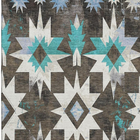 5' X 8' Brown Blue And Ivory Diamond Washable Area Rug With UV Protection