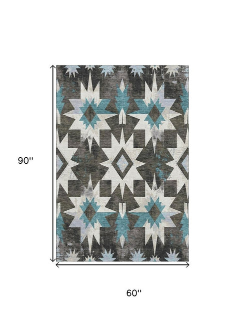 5' X 8' Coffee Blue And Ivory Diamond Washable Area Rug With UV Protection