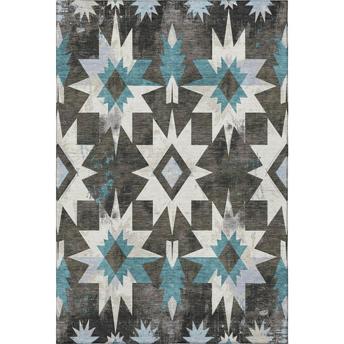 5' X 8' Coffee Blue And Ivory Diamond Washable Area Rug With UV Protection