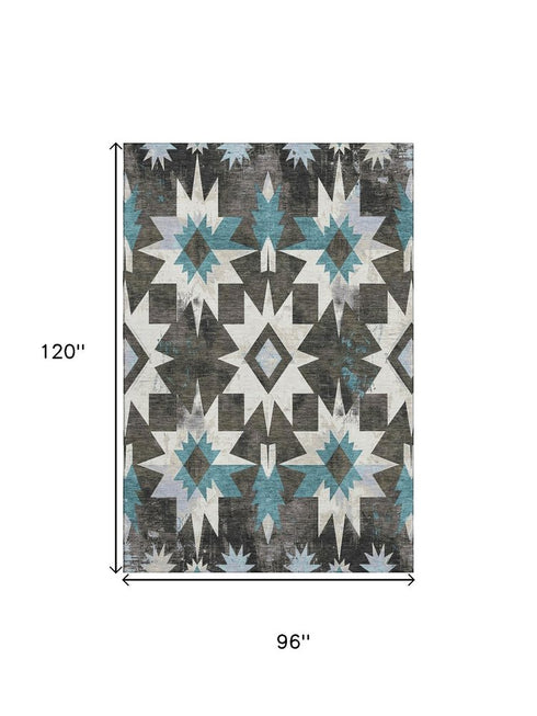 8' X 10' Coffee Blue And Ivory Diamond Washable Area Rug With UV Protection