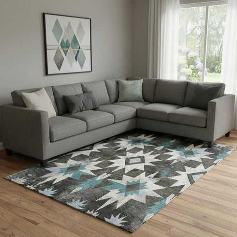 8' X 10' Coffee Blue And Ivory Diamond Washable Area Rug With UV Protection