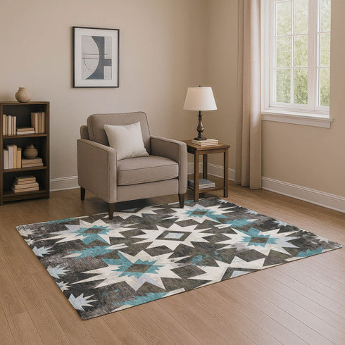 8' X 10' Coffee Blue And Ivory Diamond Washable Area Rug With UV Protection