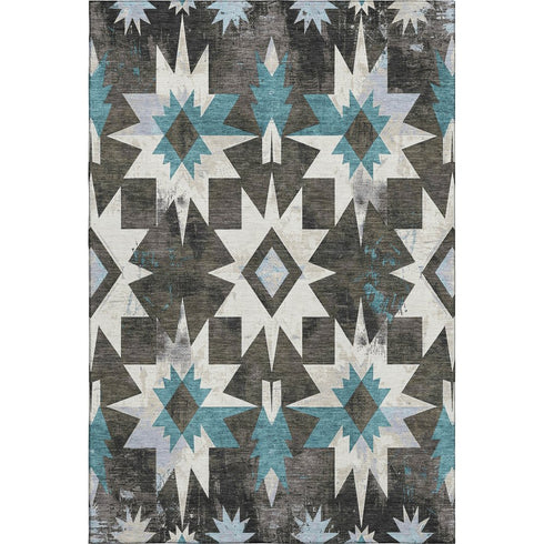 8' X 10' Coffee Blue And Ivory Diamond Washable Area Rug With UV Protection