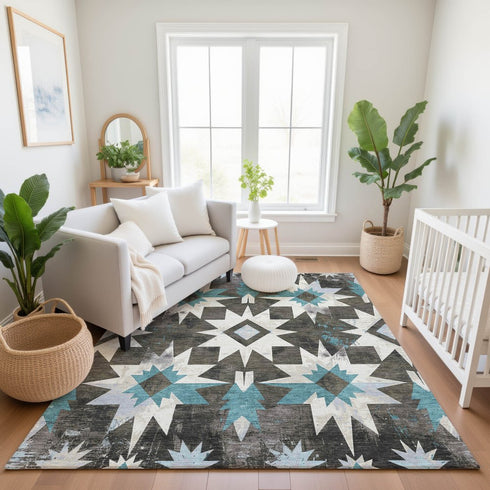 8' X 10' Coffee Blue And Ivory Diamond Washable Area Rug With UV Protection