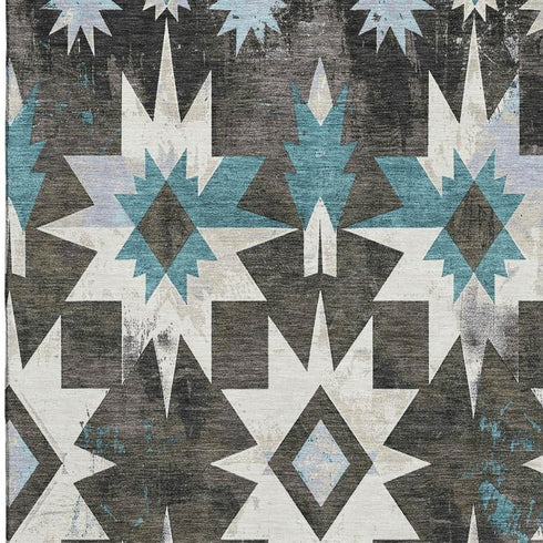 8' X 10' Coffee Blue And Ivory Diamond Washable Area Rug With UV Protection