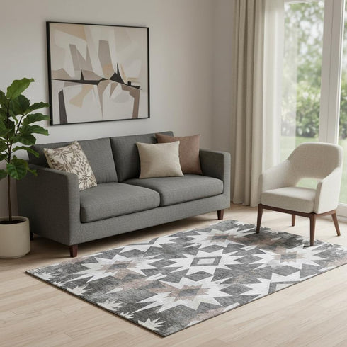 5' X 8' Graphite Brown And Ivory Diamond Washable Area Rug With UV Protection
