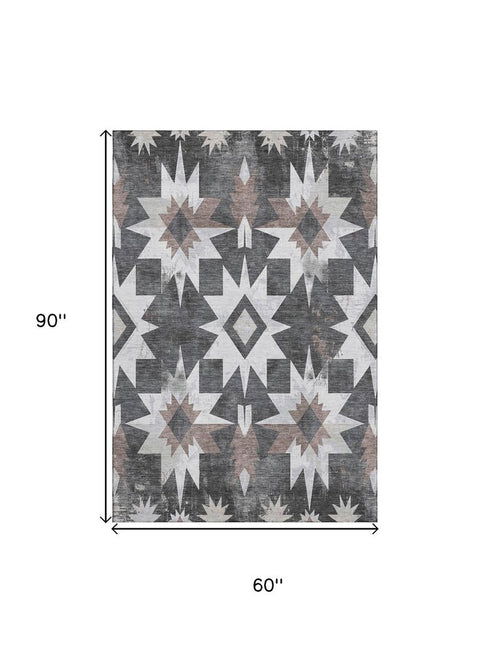 5' X 8' Graphite Brown And Ivory Diamond Washable Area Rug With UV Protection
