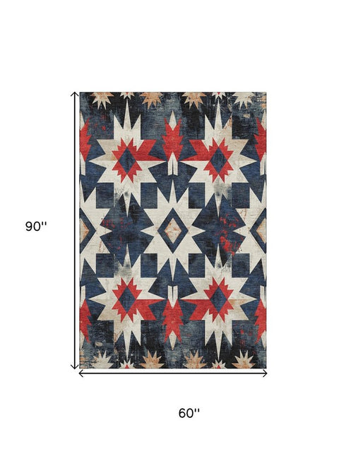 5' X 8' Navy Blue Red And Ivory Diamond Washable Area Rug With UV Protection