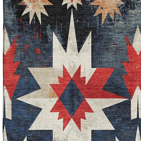 5' X 8' Navy Blue Red And Ivory Diamond Washable Area Rug With UV Protection