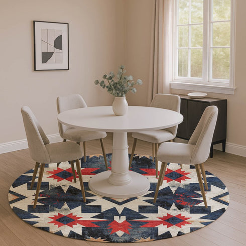 8' Navy Blue Red And Ivory Diamond Washable Round Rug With UV Protection