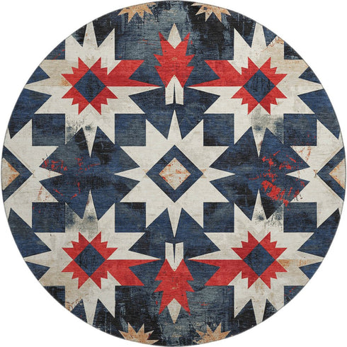 8' Navy Blue Red And Ivory Diamond Washable Round Rug With UV Protection