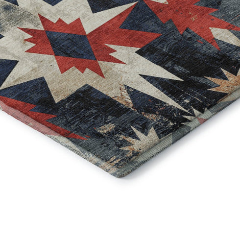 8' Navy Blue Red And Ivory Diamond Washable Round Rug With UV Protection